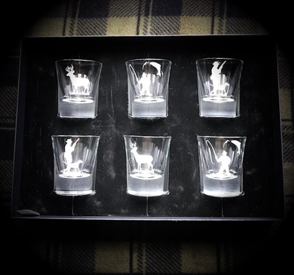 6 Dram glasses engraved with our outdoor hunting theme